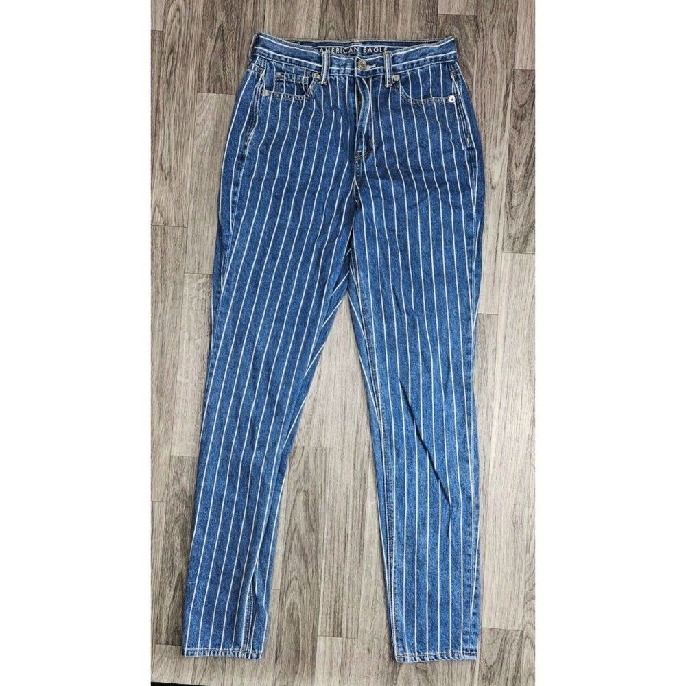 American Eagle Womens Size 0 Long White‎ Blue Striped Denim Mom Jeans